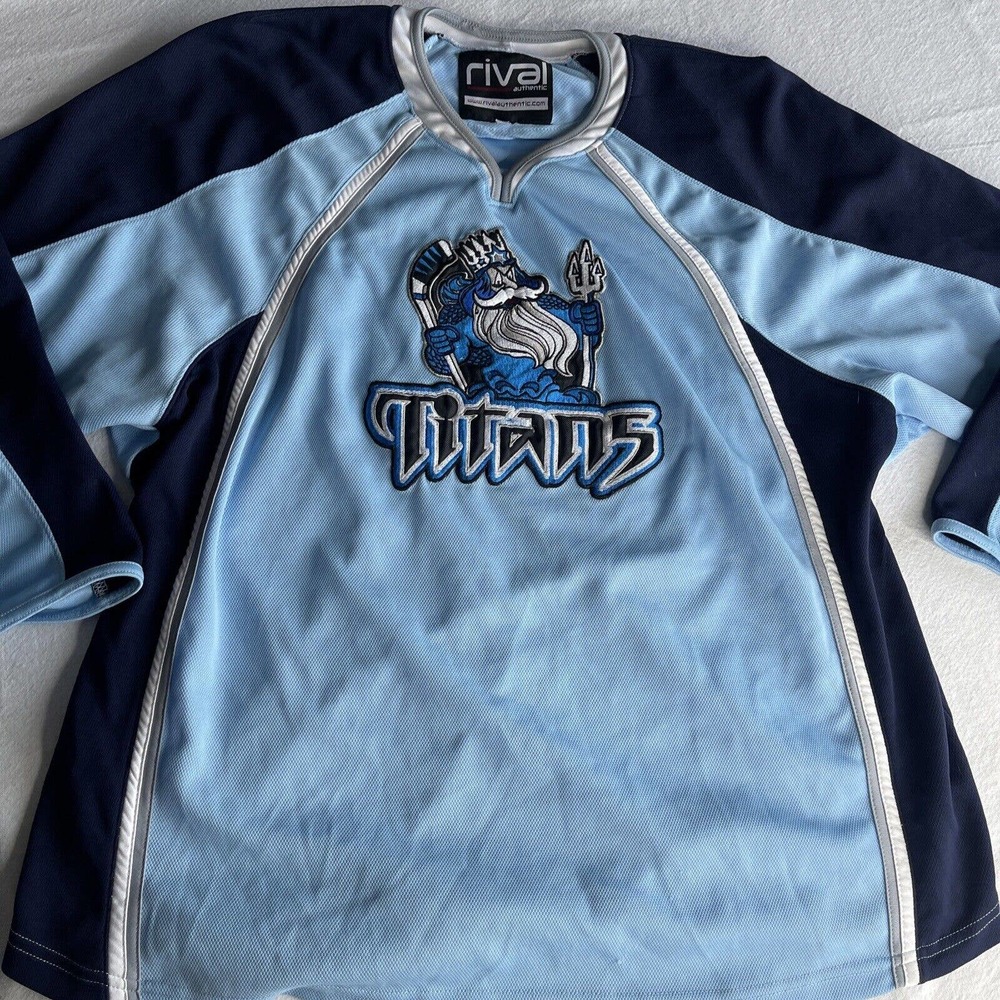 Hockey jersey Blue Titans Sz M #14 Game Worn Stitch Logo Trident ￼Poseidon